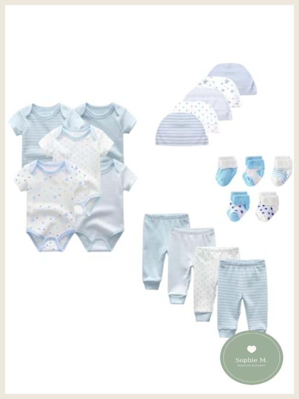 19 Piece Baby Layette Set 100% Cotton Bodysuits Pants Hats Socks Newborn
